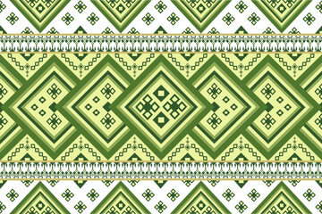 Layered green chevron bands with tribal pixel motifs. Earth-toned geometric tapestry perfect for sustainable fashion, bohemian interiors, and cultural-inspired projects.