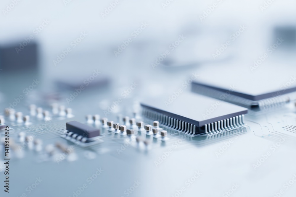 Poster close-up of circuit board elegantly displaying microchips and connections symbolizing heart of machi