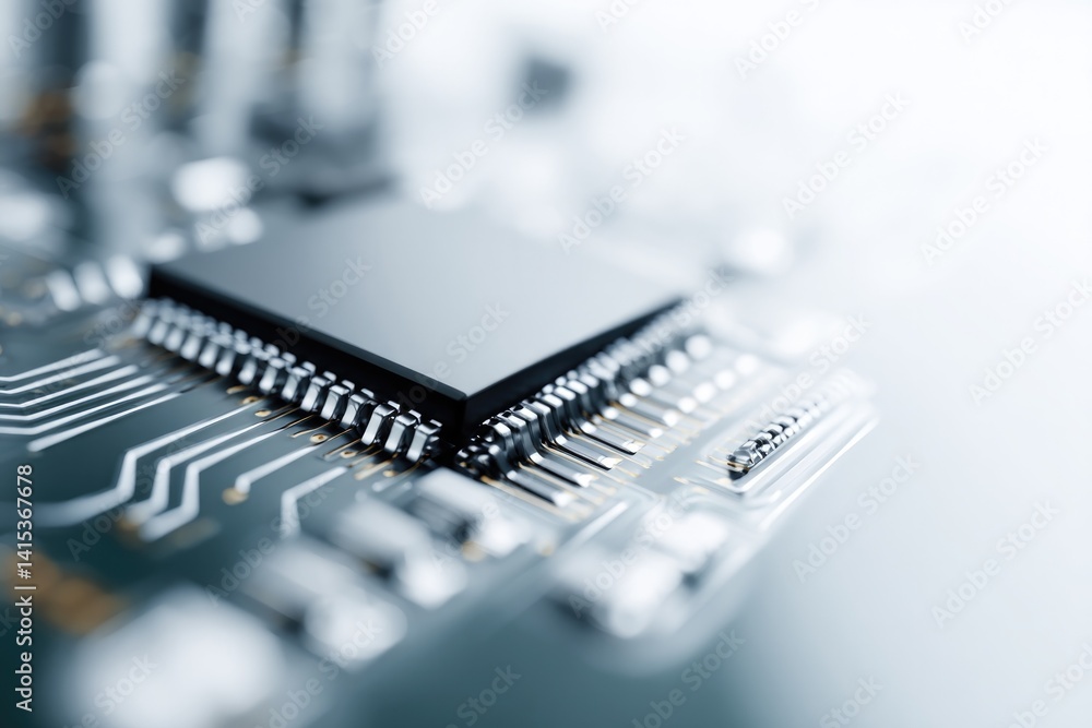 Poster close-up of circuit board elegantly displaying microchips and connections symbolizing heart of machi
