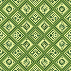 Serene olive diamond grid with nested pixel motifs on cream. Ancestral-inspired geometry perfect for eco-friendly textiles and heritage-modern fusion designs.