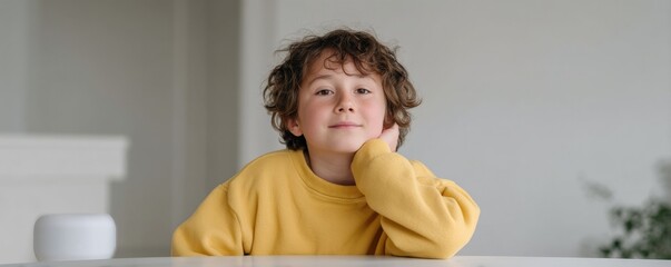 Fototapeta premium child sitting at white table using voice commands to interact with ai homework helper