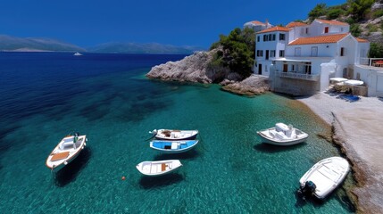 Picturesque coastal scene with boats and a whitewashed house