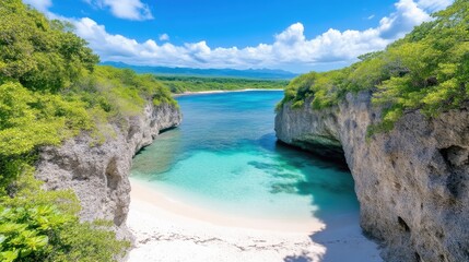 Pristine secluded beach cove, turquoise water, lush greenery.  Tranquil tropical paradise