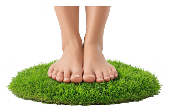 Reconnecting with Nature A Pair of Bare Feet on Earth-Shaped Grass Promoting Environmental Awareness, Isolated on Transparent Background