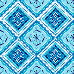 Tribal elegance meets winter's whisper: Geometric diamonds, snowflake motifs, and rich blue tones weave a cultural narrative of symmetry and tradition in this captivating digital art design.