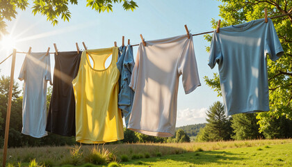 Colorful shirts drying in sunlight against a green landscape  