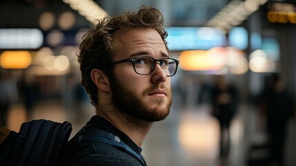 Obraz premium Business traveler in airport, focused and ready for the journey ahead. business travel concept