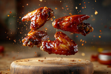 Chicken wings in BBQ sauce, hovering in the air with glaze and spices flying off - highlighting the rich flavor and piquancy