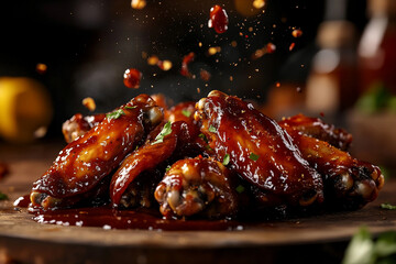 Chicken wings in BBQ sauce, hovering in the air with glaze and spices flying off - highlighting the rich flavor and piquancy