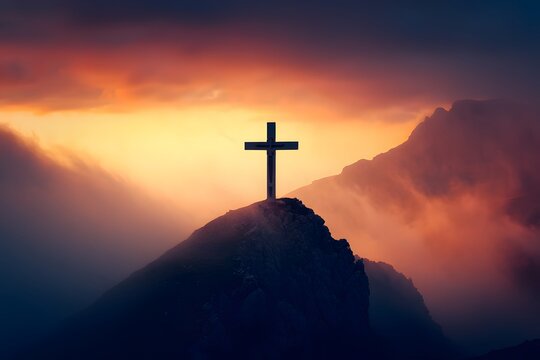 A stark, solitary cross silhouette against a dramatic sky, evoking spirituality and faith, capturing a symbol of hope, spirituality, faith, and redemption. 