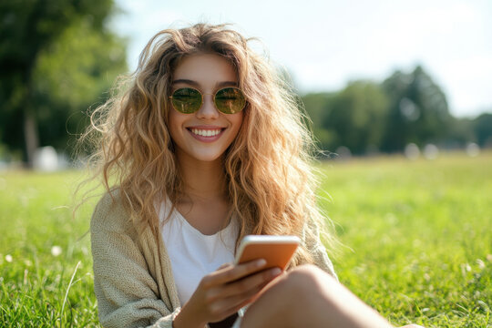 Woman sitting in grass, engrossed in her phone. Bright sun casting a warm glow. Trees and flowers in the background. Serene atmosphere.