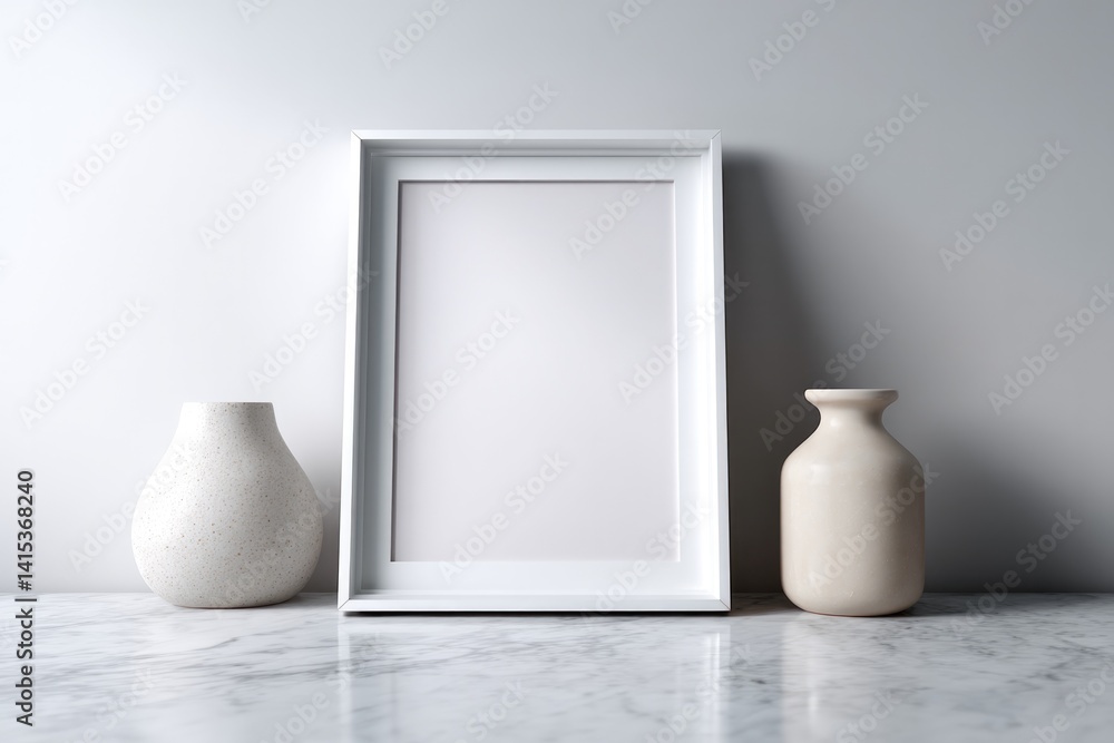 Poster empty picture frame standing upright on sleek white surface in modern room with abstract 3d sculptur