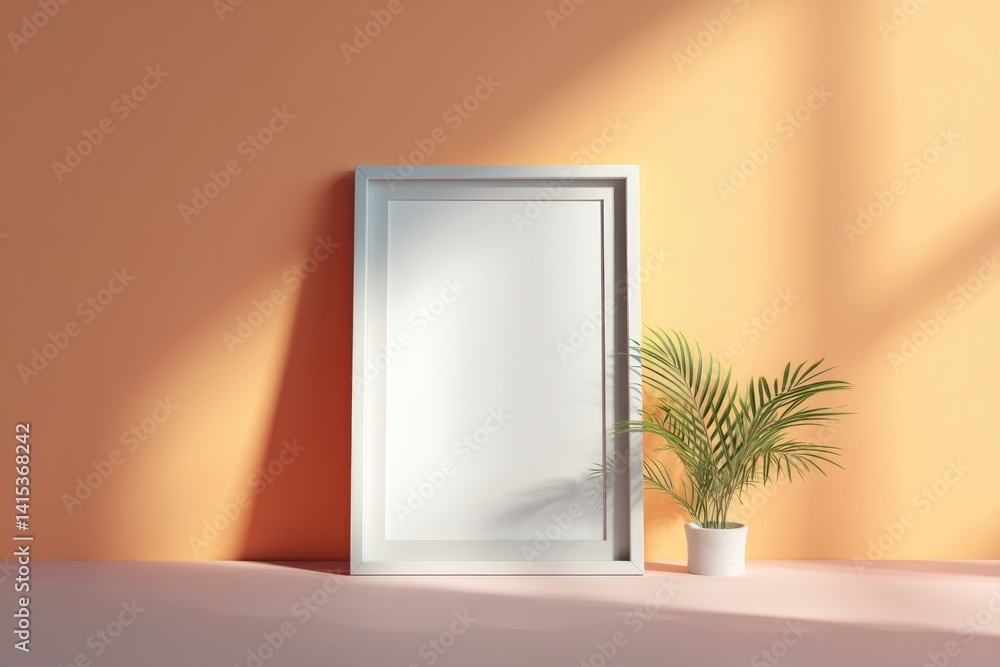 Poster empty photo frame on vibrant color background illuminated by soft studio lighting