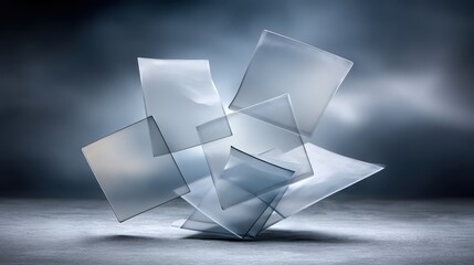 Fototapeta premium Abstract sculpture of translucent, stacked glass planes against a dark, moody backdrop. Modern and minimalist aesthetic