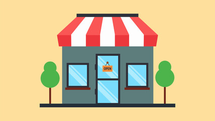 Illustration of Green Grey Shop, modern yet playful look. The “OPEN” sign on the front door is a clear and attractive sign.