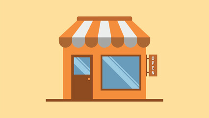 Illustration of Orange Shop with “OPEN” sign attracts attention and shows that the shop is ready to serve customers.