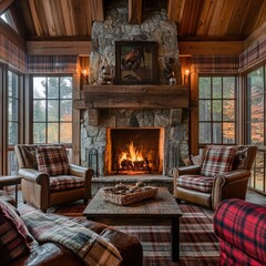 A cozy cabin living room with a crackling fireplace.