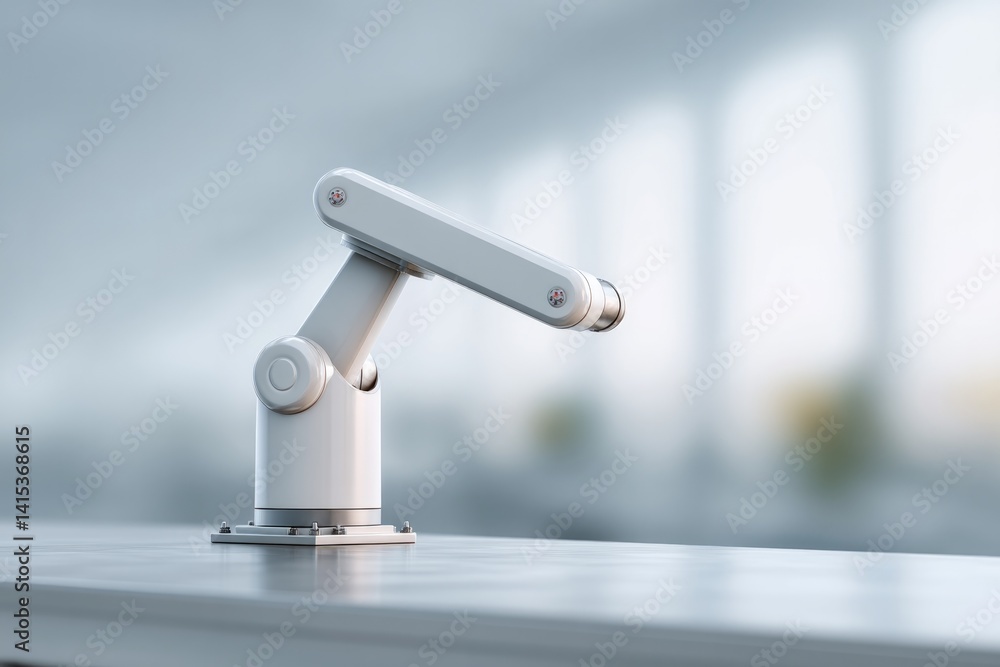 Poster industrial robots in pristine white factory setting showcasing mechanized precision with ample copy 