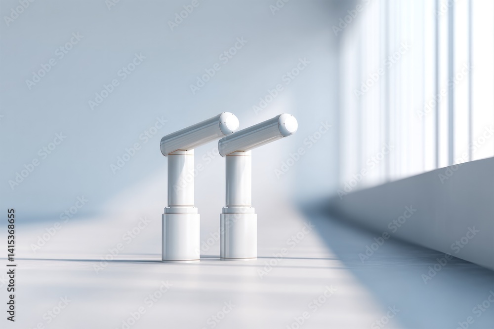 Poster industrial robots in pristine white factory setting showcasing mechanized precision with ample copy 