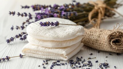 Fototapeta premium Soft white cloth diapers with lavender accents