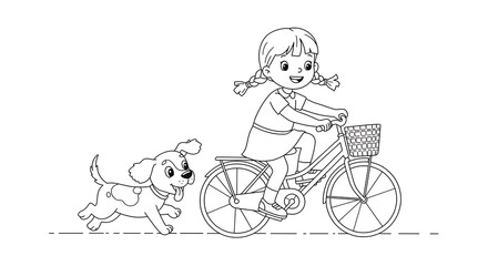 little girl riding bicycle with a dog in the park coloring page for children, Black and white illustration.