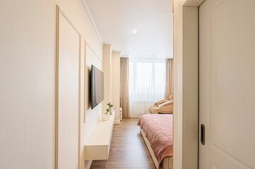 interior room apartment bedroom with bed, cozy place to sleep and relax