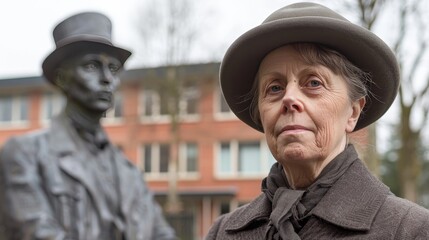 Victoria wearing a hat standing proudly before a school, symbolizing heroism and achievements