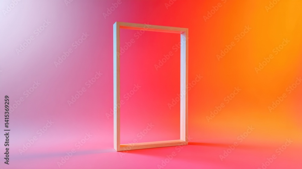 Poster minimalistic empty frame standing against vibrant neon color background with ample copy space