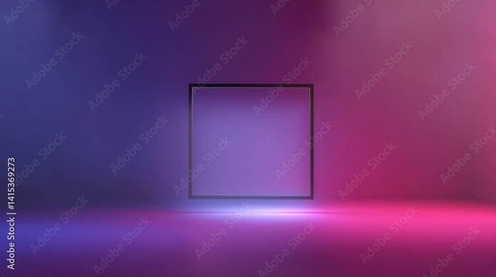 Poster minimalistic empty frame standing against vibrant neon color background with ample copy space