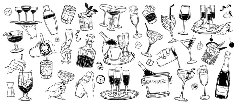 Alcohol cocktail bar doodle set, vector hand drawn beverages party illustration, champagne glasses. Waiter arm with tray, bartender preparing drinks, gin bottle menu line icon. Cocktail doodle clipart