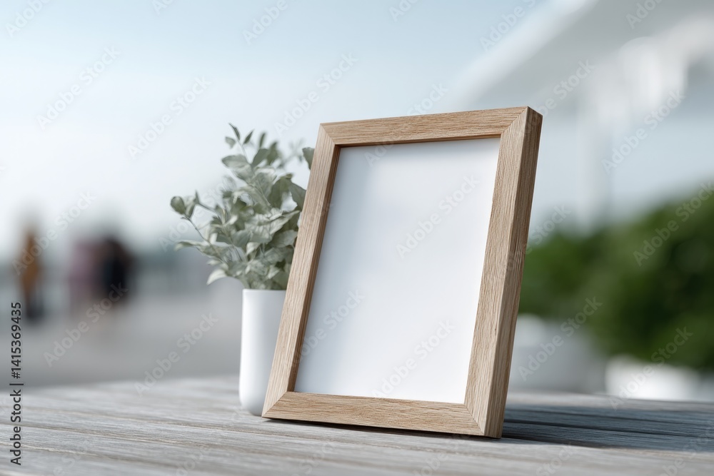 Poster minimalistic mockup featuring empty picture frame with blurred people in background offering ample c