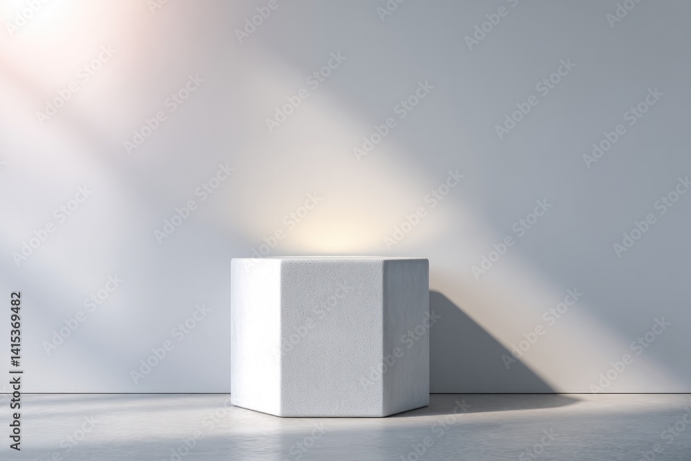 Poster minimalistic podium with volumetric lighting surrounded by clear empty background featuring ample co