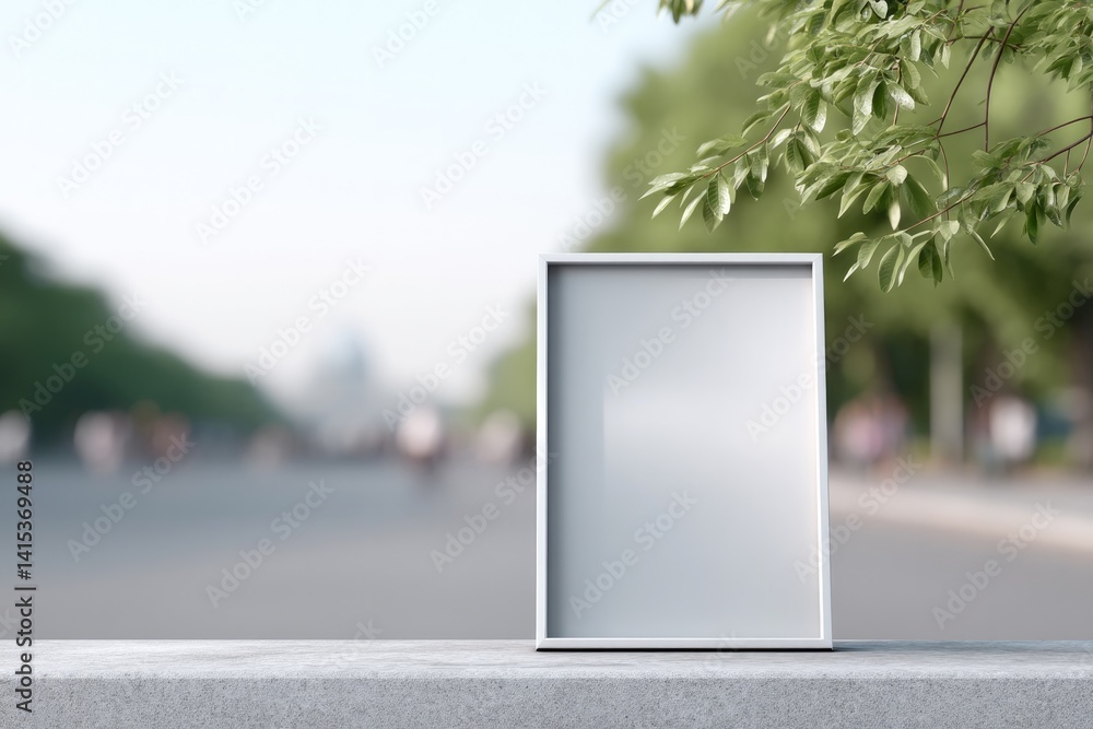Poster minimalistic mockup featuring empty frame with blurred people in background soft lighting and subtle