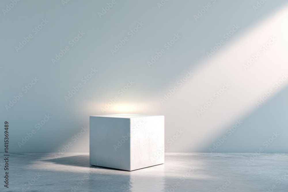 Poster minimalistic podium with volumetric lighting surrounded by clear empty background featuring ample co