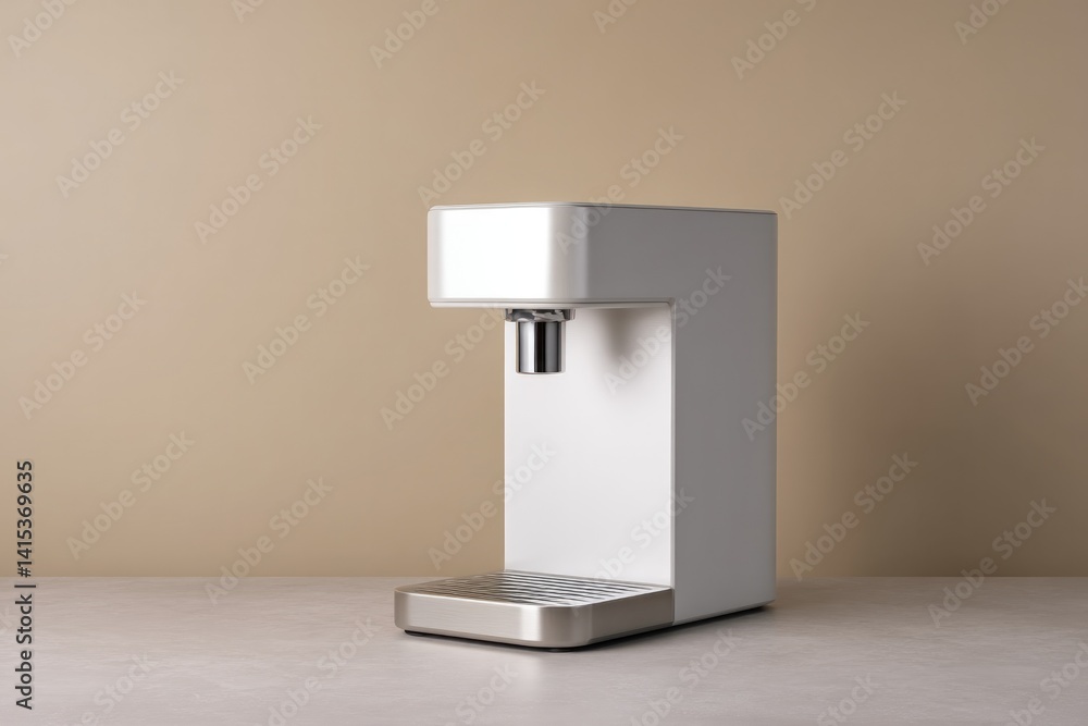 Poster minimalistic setup featuring sleek modern water purification device on neutral background with ample