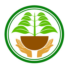 Vector logo of two hands holding a bowl with green plants inside a circular emblem. Ideal for environmental awareness concepts, nature protection, sustainability, agriculture, ecological campaigns.