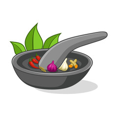 Vector illustration of traditional stone mortar and pestle with various spices. Chili, garlic, onion, turmeric, mustard seeds and green leaves. Perfect for culinary, or traditional cooking themes.