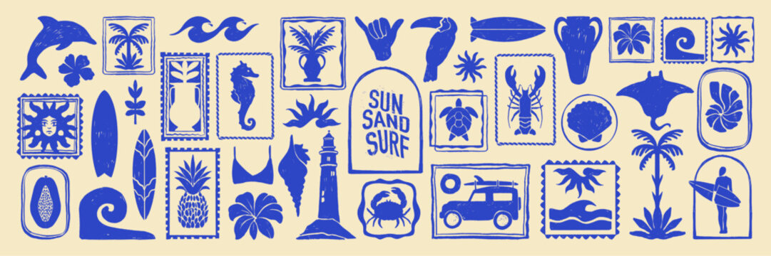 Summer ocean print, tropical sea set, vector hand drawn coastal blue post stamp beach sign design. Hawaii surf sun logotype, shell silhouette, exotic nature plant vintage sticker. Travel summer print