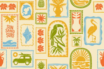 Tropical summer seamless pattern, vector exotic Hawaii decoration print, ocean surf vintage texture. Abstract nature travel ornamental postal stamp background, nature coastal design. Tropical pattern