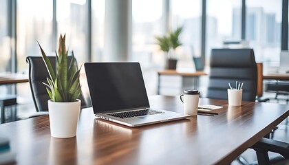 Modern Minimalist Office Workspace with Laptop and Plant