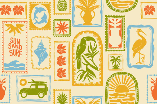 Tropical summer seamless pattern, vector exotic Hawaii decoration print, ocean surf vintage texture. Abstract nature travel ornamental postal stamp background, nature coastal design. Tropical pattern