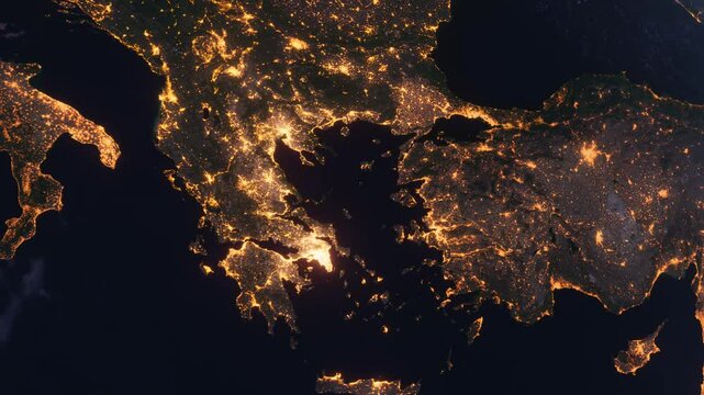 Planet Earth at Night. Europe. Greece Zoom Out. View from Space Orbit. Night Globe