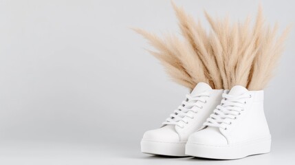 Pair of white high-top sneakers with pampas grass