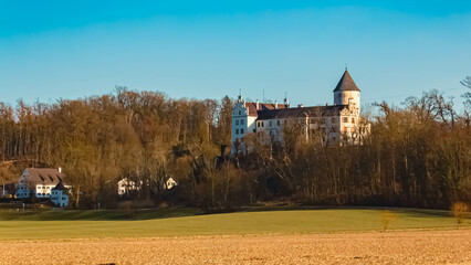 Winter landscape with a castle on a sunny day near Weixerau, Eching, Landshut, Isar, Bavaria,...
