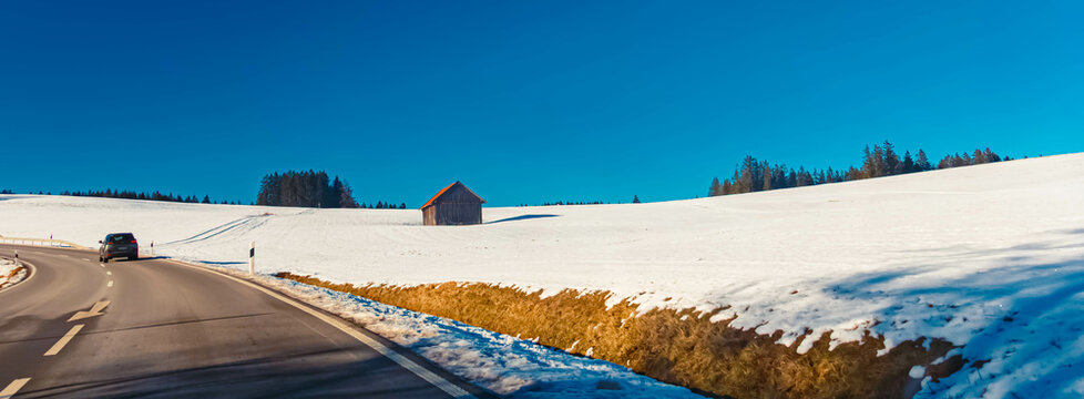 Alpine winter view near Wildsteig, Weilheim-Schongau, Bavaria, Germany