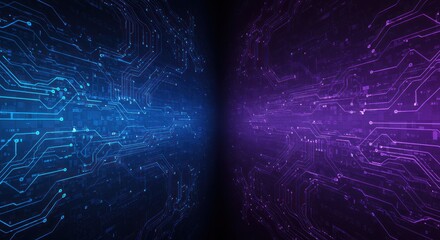 Abstract circuit board pattern with blue and purple colors on a dark background.