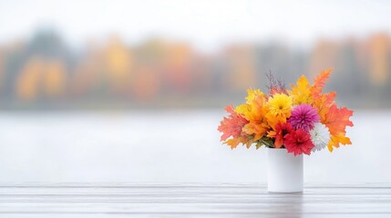 Autumn floral arrangement on a wooden surface, with blurred autumnal background
