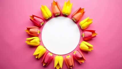 Tulip Flower Wreath On Pink Background