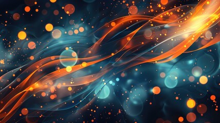 Abstract representation of flowing waves of vibrant orange and blue light against a dark background, creating a dynamic visual effect