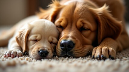Golden Retriever Puppy Sleeping With Adult Dog